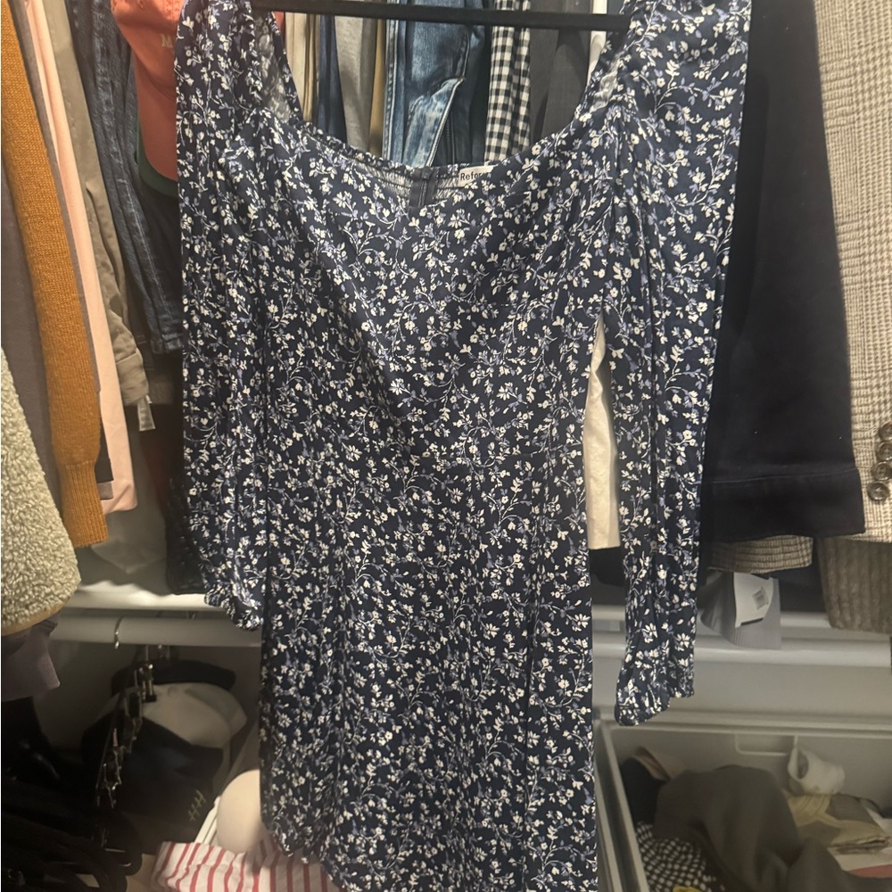 Reformation Navy Floral Long Sleeve Dress